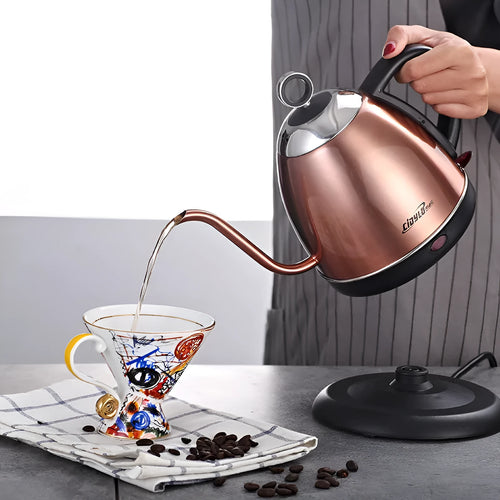 White, yellow or gold 1 litre stainless steel automatic kettle with touch control panel.