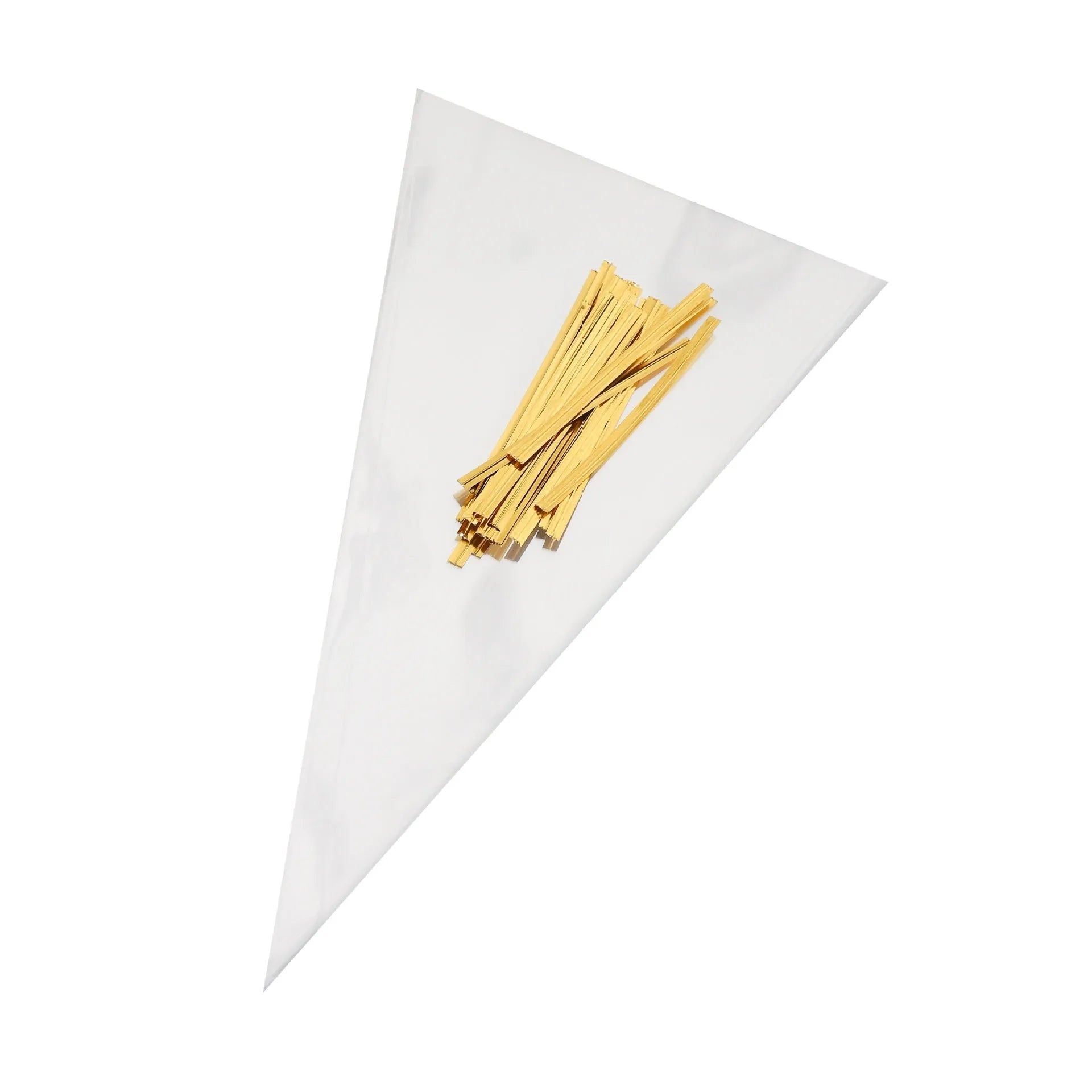 Triangle-shaped clear plastic packaging bag with a built-in metal tie wire for closure.