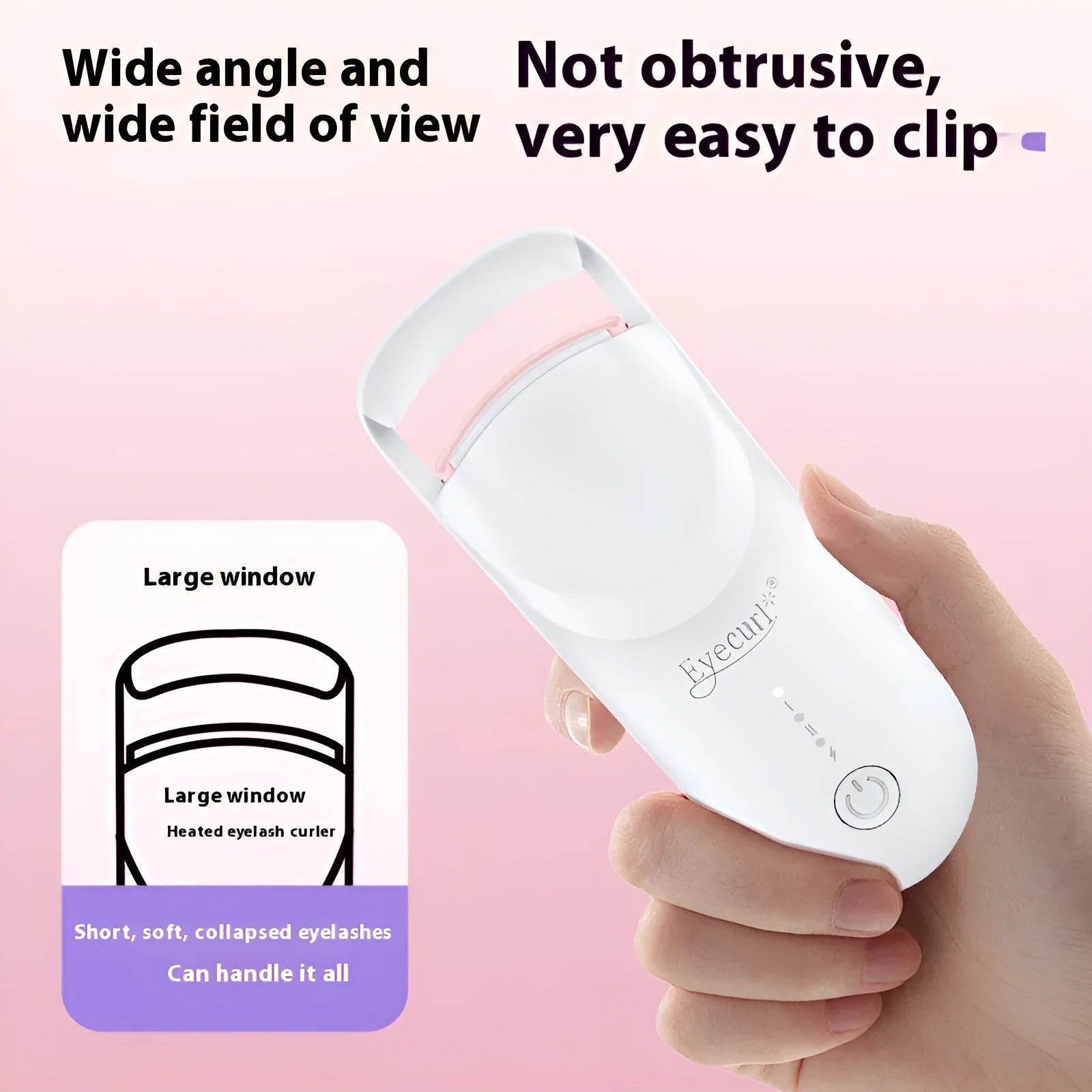 USB-C rechargeable electric eyelash curler in cream white, maca pink, or vanilla apricot colour with ceramic heating plate.