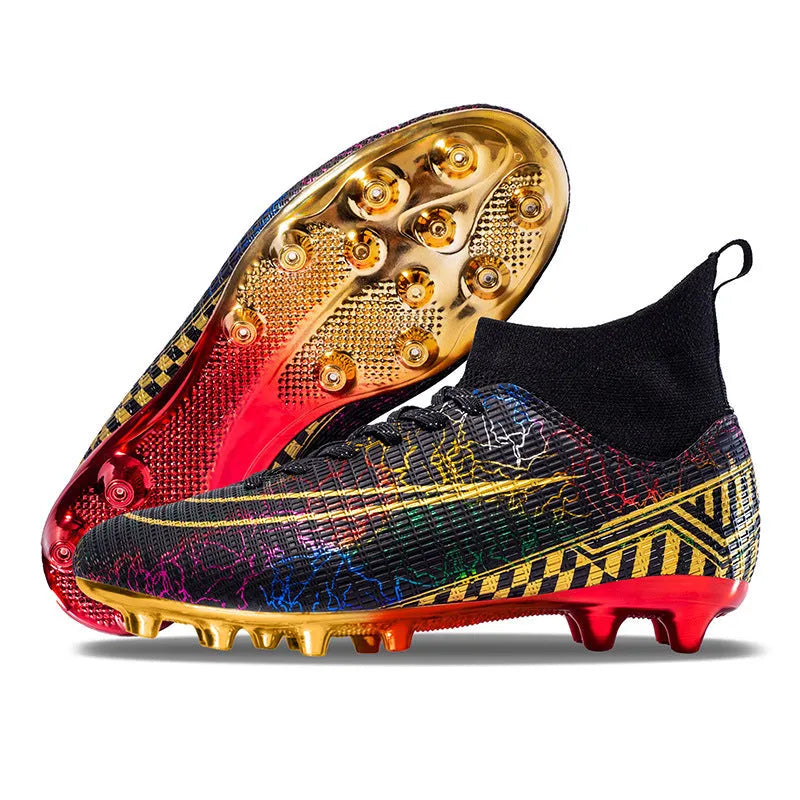 High-top football training shoes with gold-plated sole and synthetic leather upper in mandarin duck colour