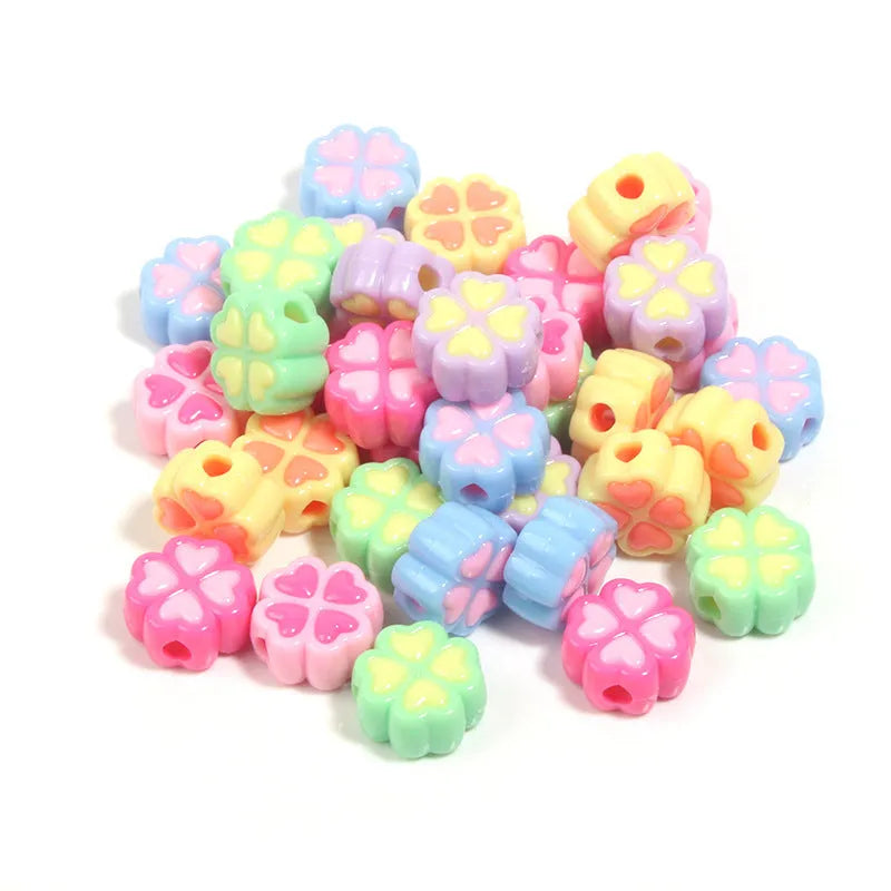 15mm acrylic clover beads with cartoon love pattern and frosted finish in mixed colours