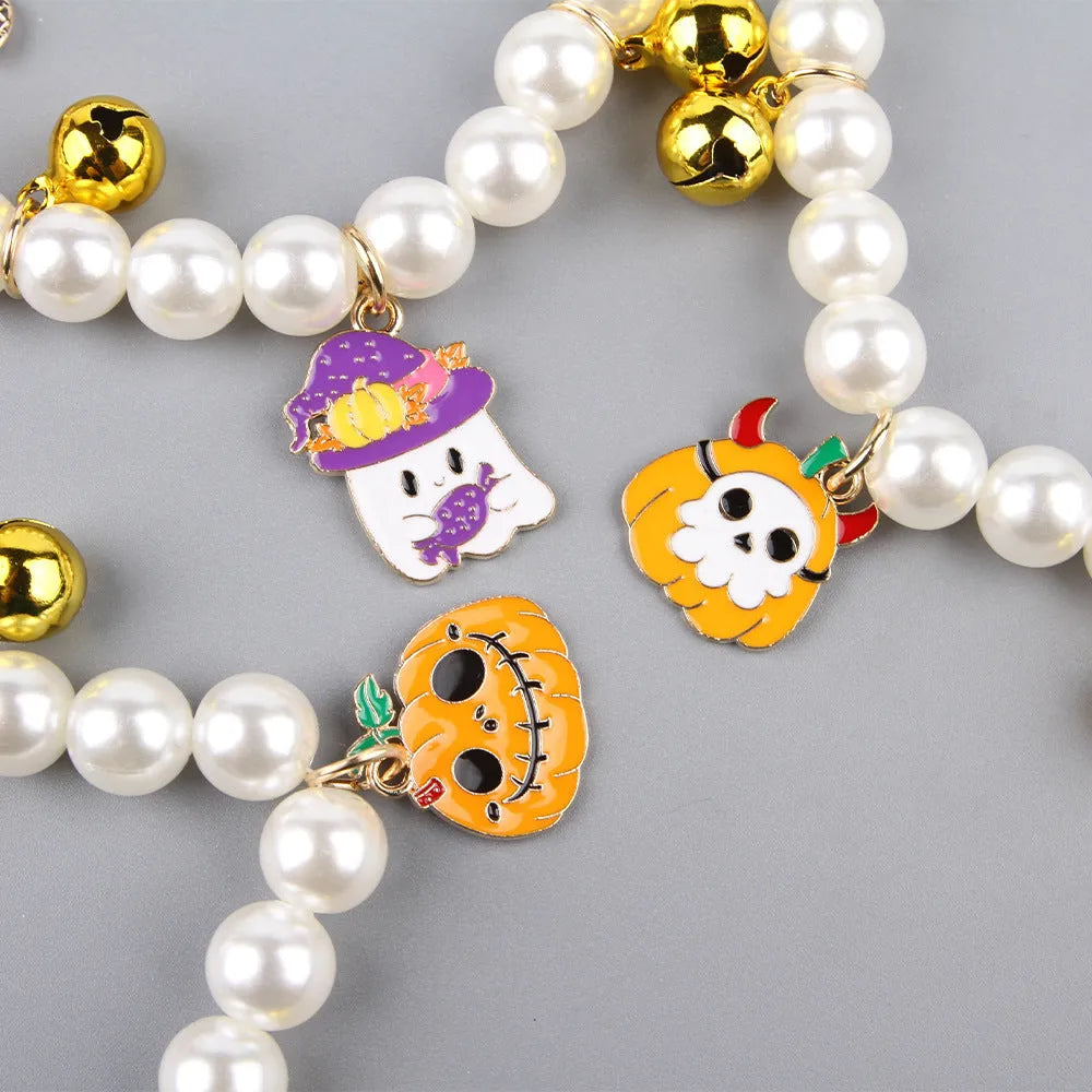 Halloween cat collar with simulated pearl necklace in pumpkin design