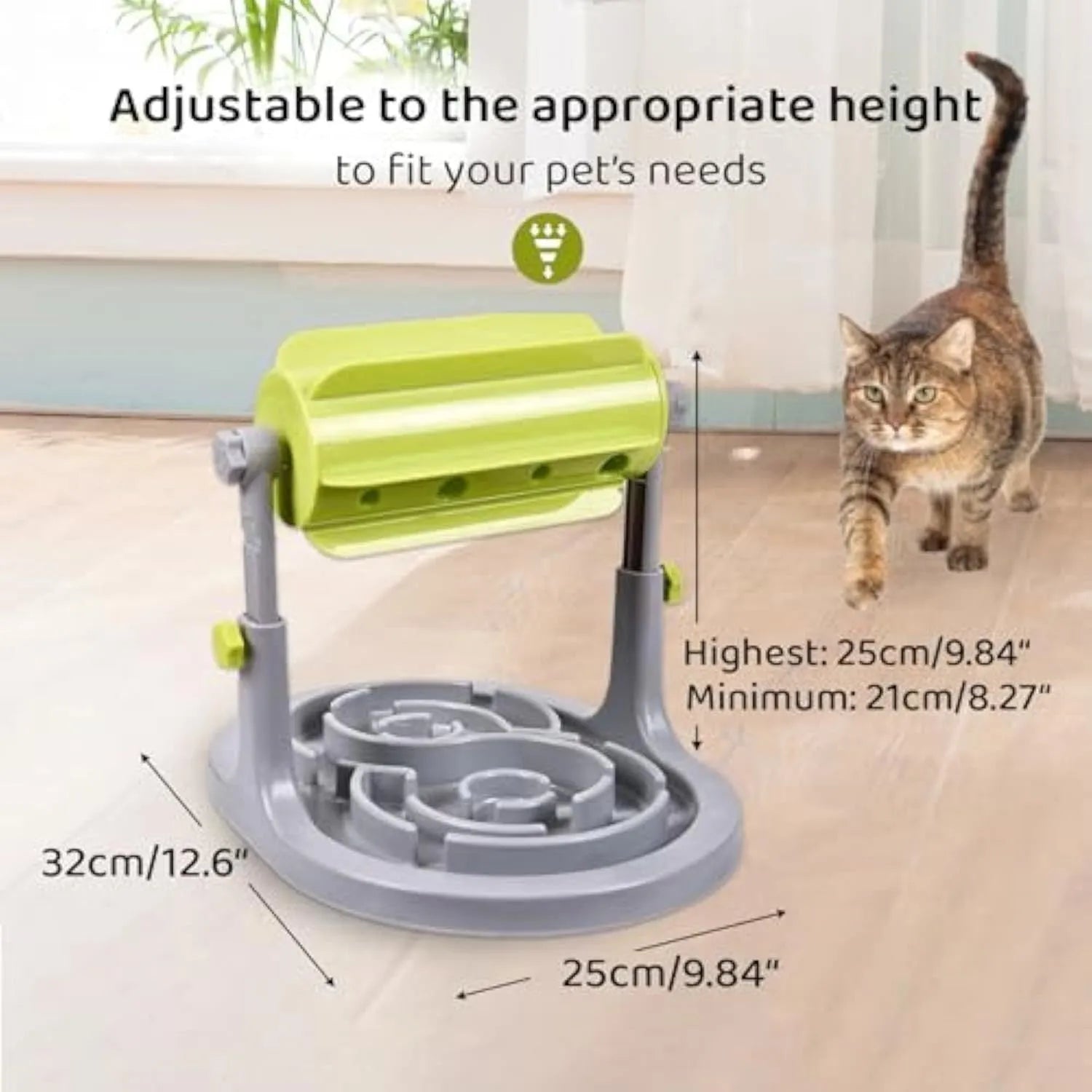 Interactive pet food puzzle toy with adjustable height in blue, green, and pink colours