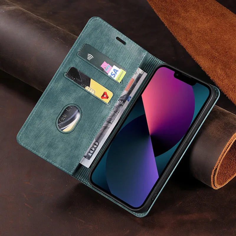 Magnetic flip phone case for iPhone in a choice of colours showing leather cover and TPU body.