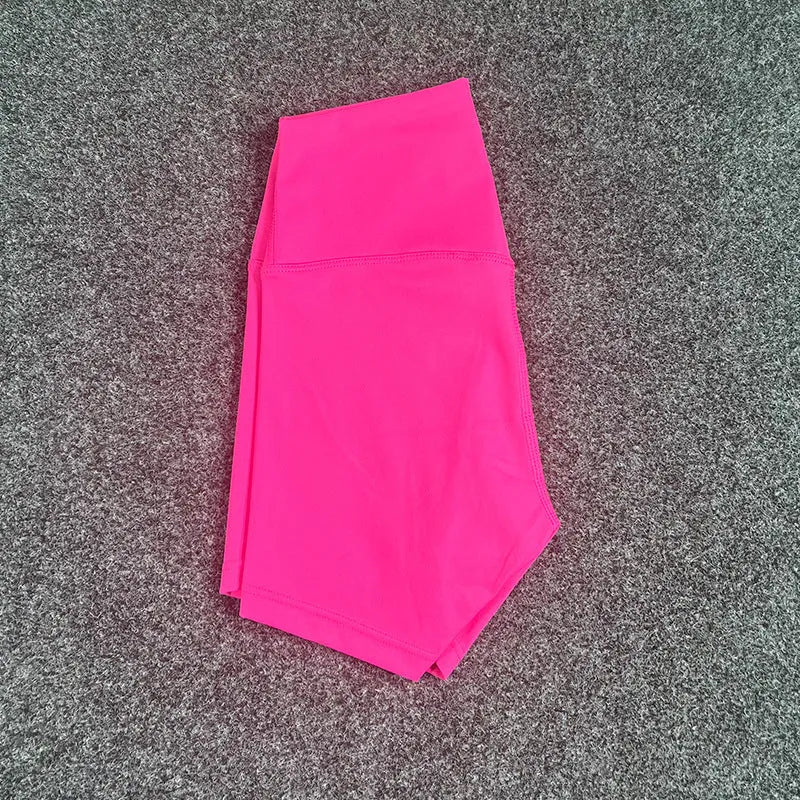Ladies high-waist yoga shorts in moisture-wicking nylon fabric, shown in various colours