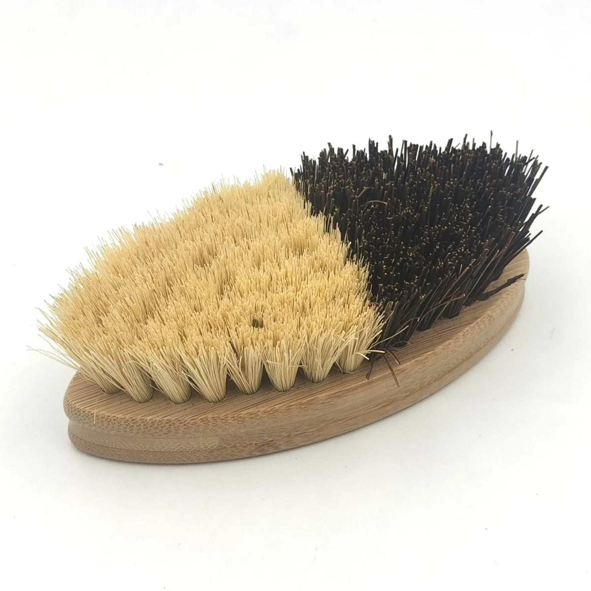 Bamboo vegetable brush with two-tone painted finish and oval shape for fruit and vegetable cleaning