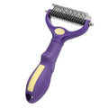 Purple plastic double-sided pet grooming comb for untying knots in cat and dog fur