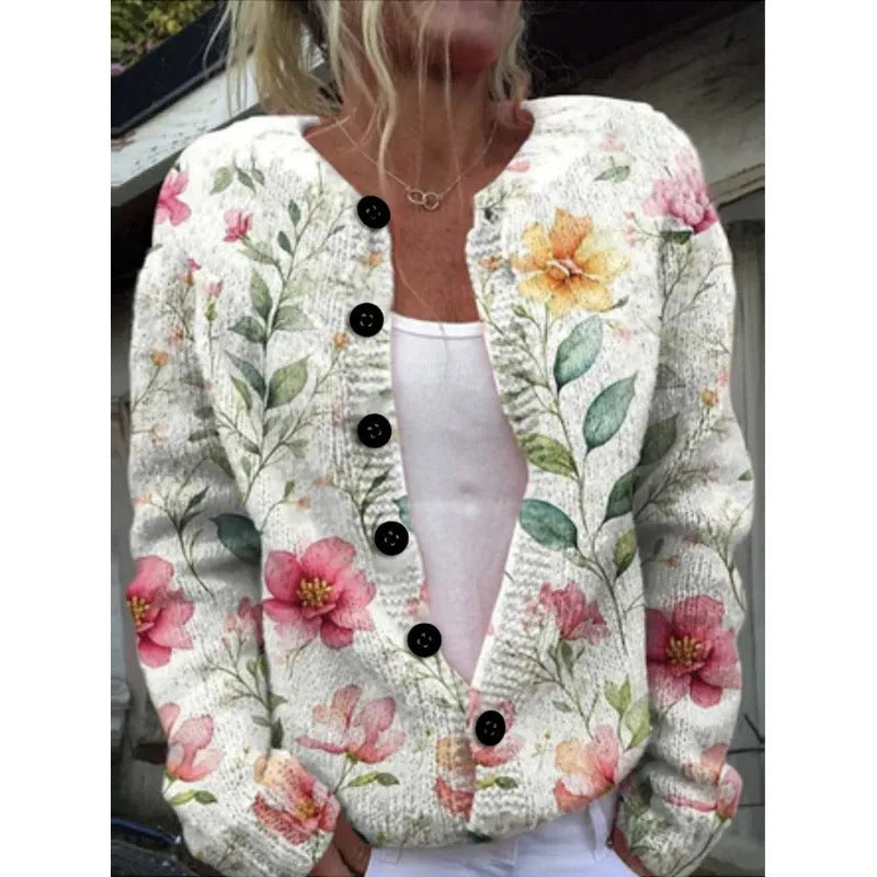 Yellow digital print knitted cardigan coat with a 3D stereo pattern, shown in a gentle cardigan style.