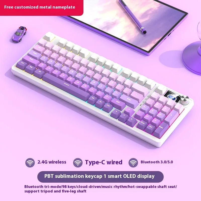 White screen version 98-key wireless mechanical keyboard kit with metal knob on desk