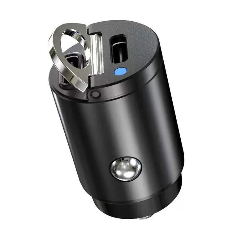 Black mini car charger with dual USB-C ports for 30W fast charging in vehicle power socket