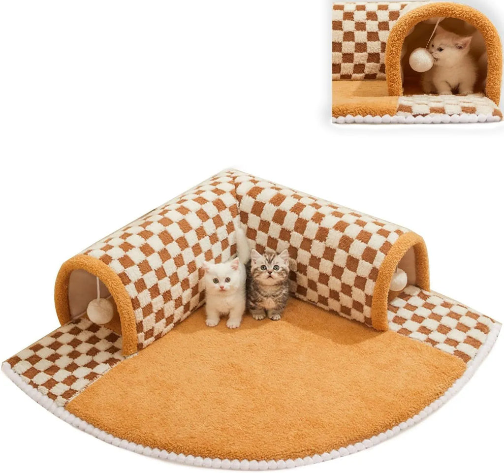 Brown plush plaid cat tunnel bed with central mat, showing collapsible tube and non-slip bottom