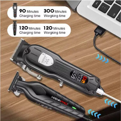 Black USB-powered hair clipper set with LED display and aluminium foil shaver attachment