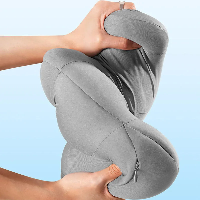 Grey and orange dual car pillow for head and lumbar support with memory cotton filling.
