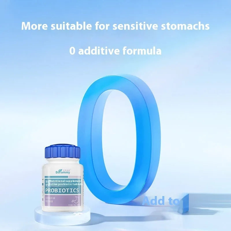 Bottle of pet probiotic chewable tablets containing 180 tablets for dog and cat digestive support.
