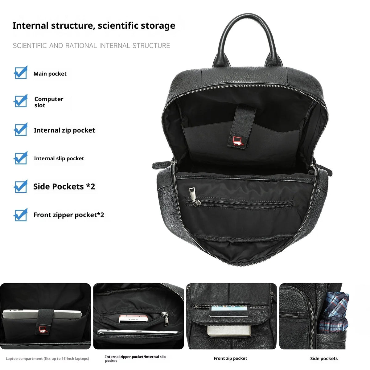 Black men's first layer cowhide backpack, 31 x 15 x 42cm, 20-35L, for business travel and leisure