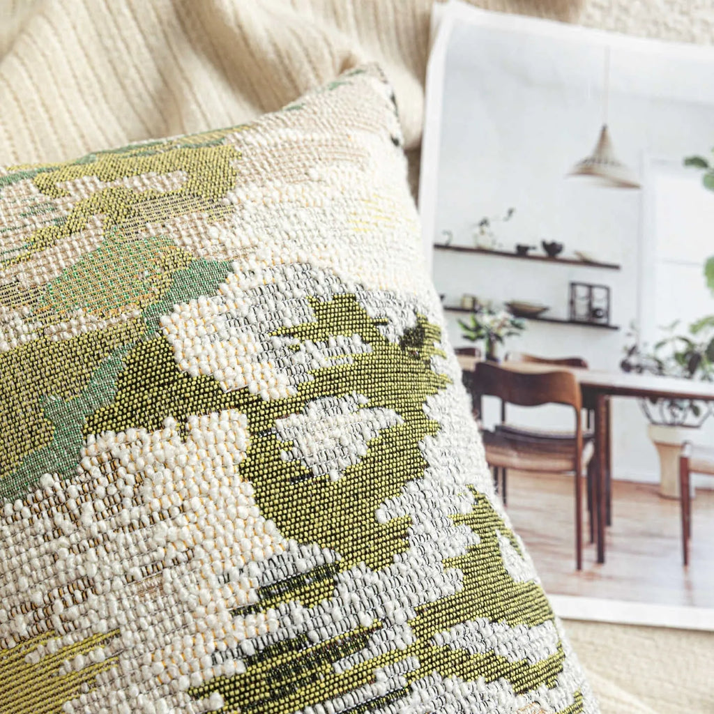 Antique green French-style abstract floral print on a wool blend decorative pillowcase.