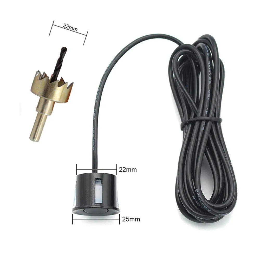 Wireless vehicle reversing sensor kit with digital display unit, four ultrasonic probes, and installation tools.