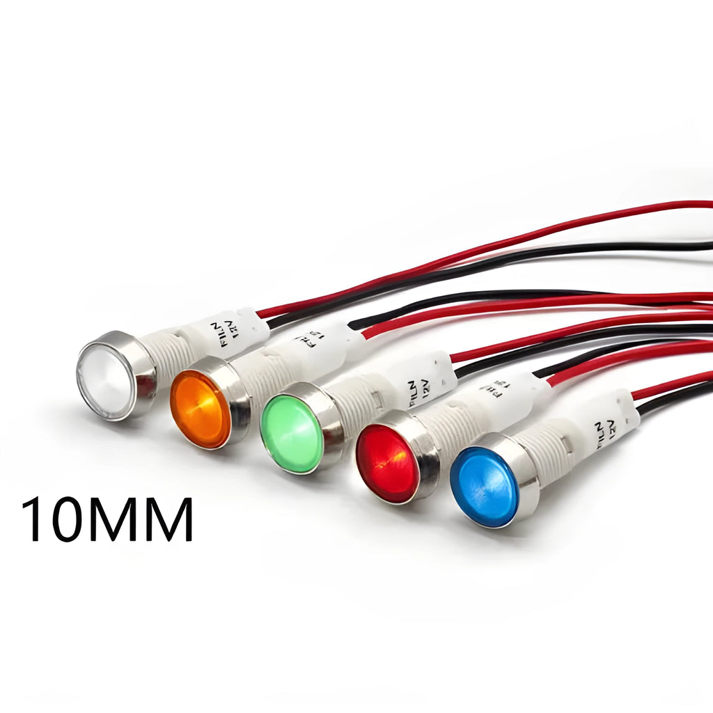 10mm stainless steel bezel indicator light with coloured plastic lens and attached wire