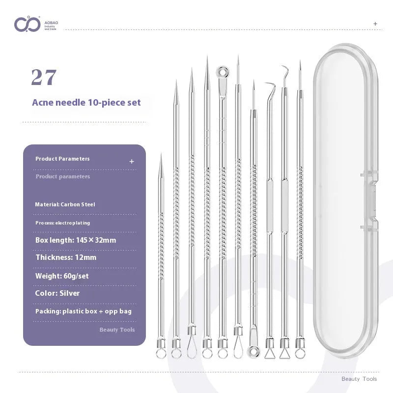 Four silver metal acne needles with ultra-fine pointed tips for blackhead extraction.