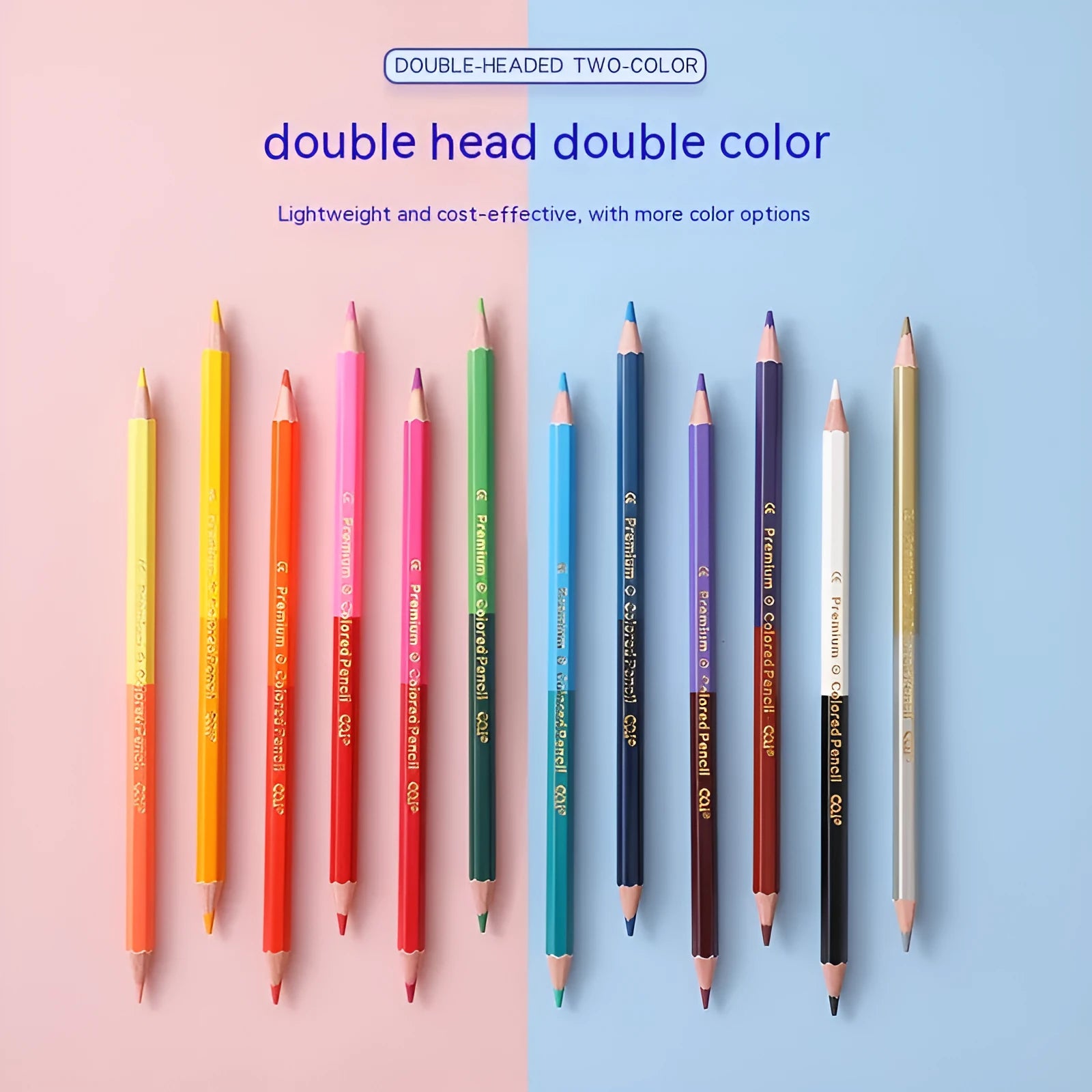 Set of 12 wooden double-tipped colour pencils showing 24 different colour leads for art and drawing