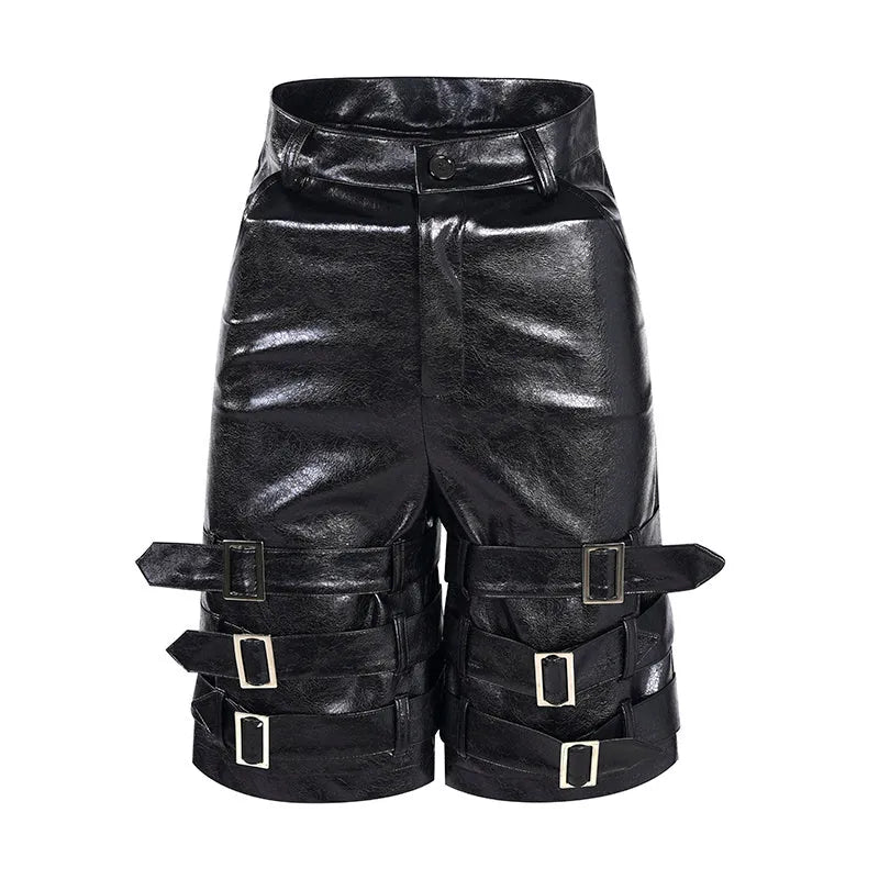 Men's black PU leather casual shorts with cropped length and a leather ring detail on the front.