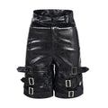 Men's black PU leather casual shorts with cropped length and a leather ring detail on the front.
