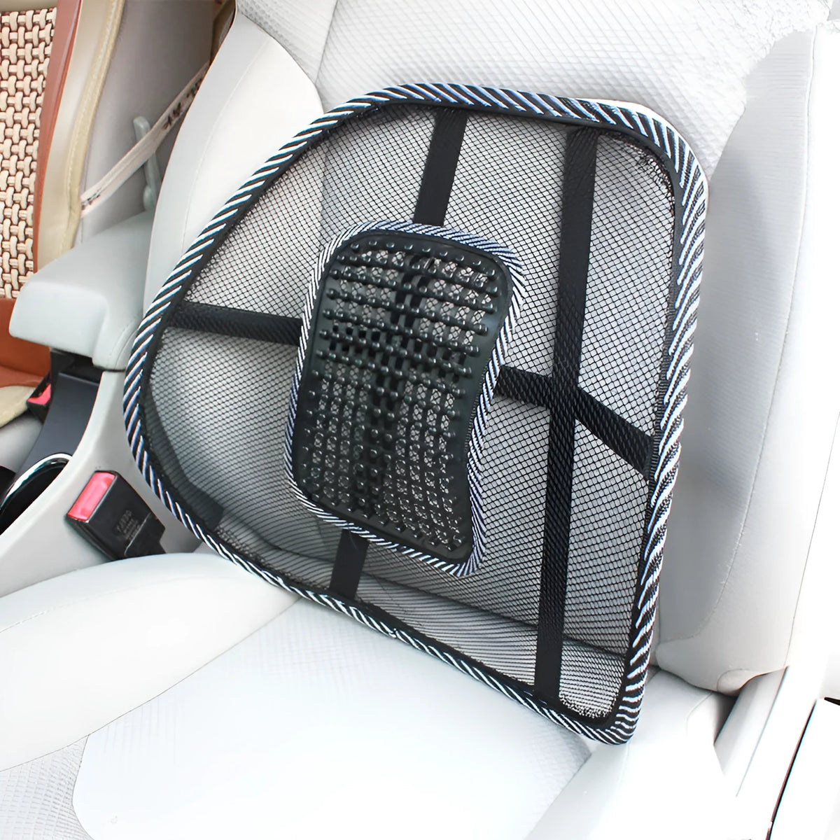 Black lumbar support pillow with steel wire frame for car and office use