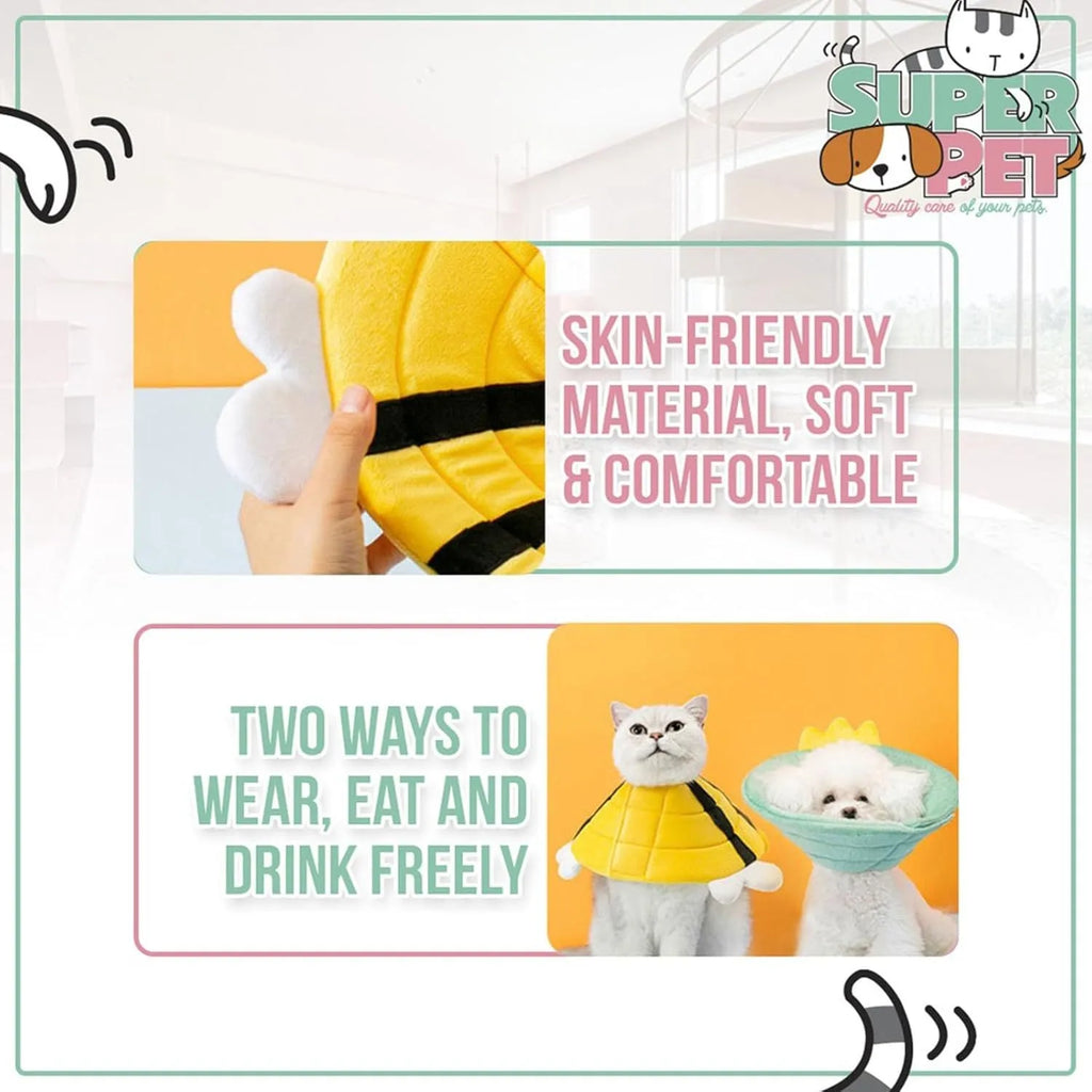 Soft cat recovery cone collar with bee design and velcro strap.