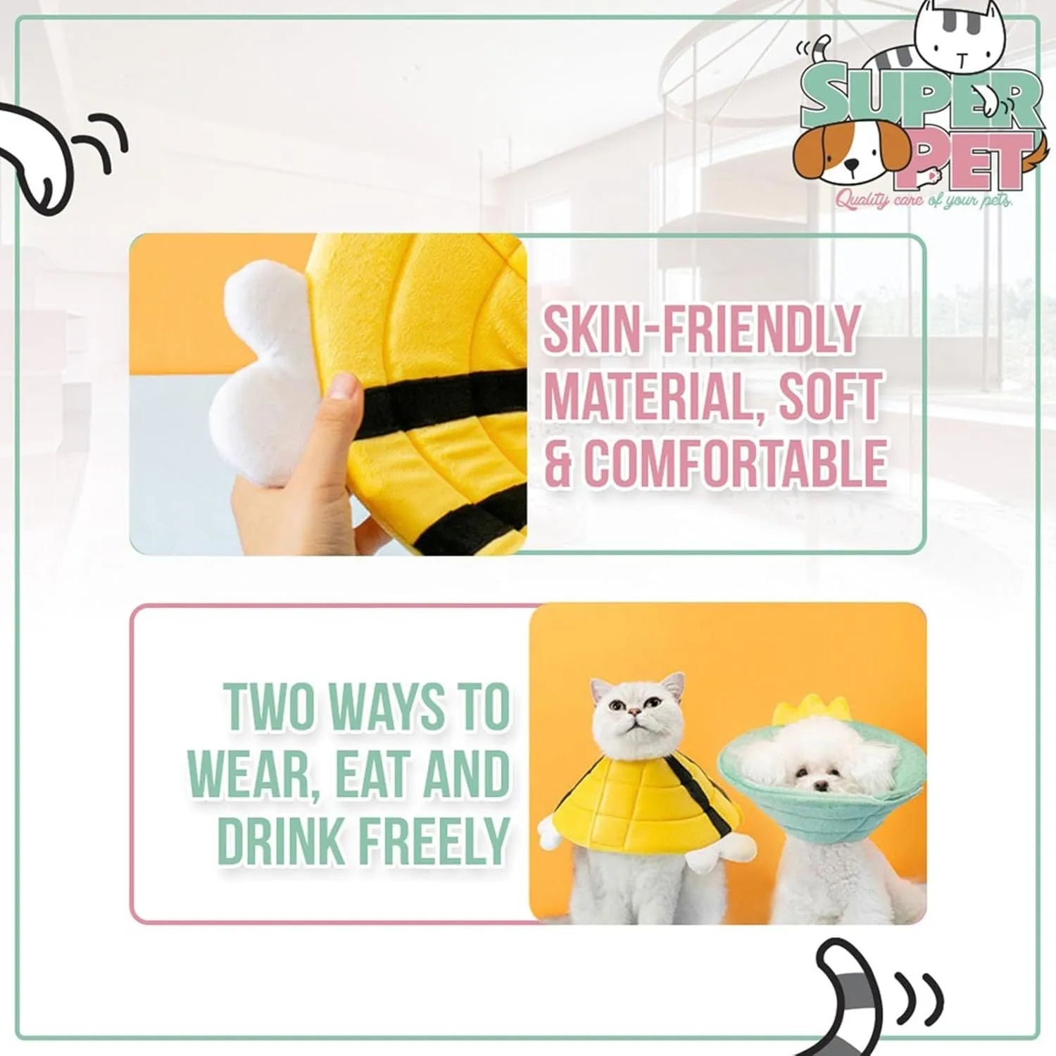 Soft cat recovery cone collar with bee design and velcro strap.
