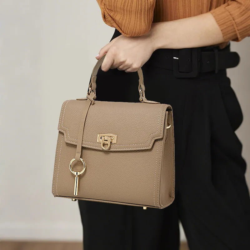 Elephant grey vintage lock handbag with litchi pattern and double shoulder straps