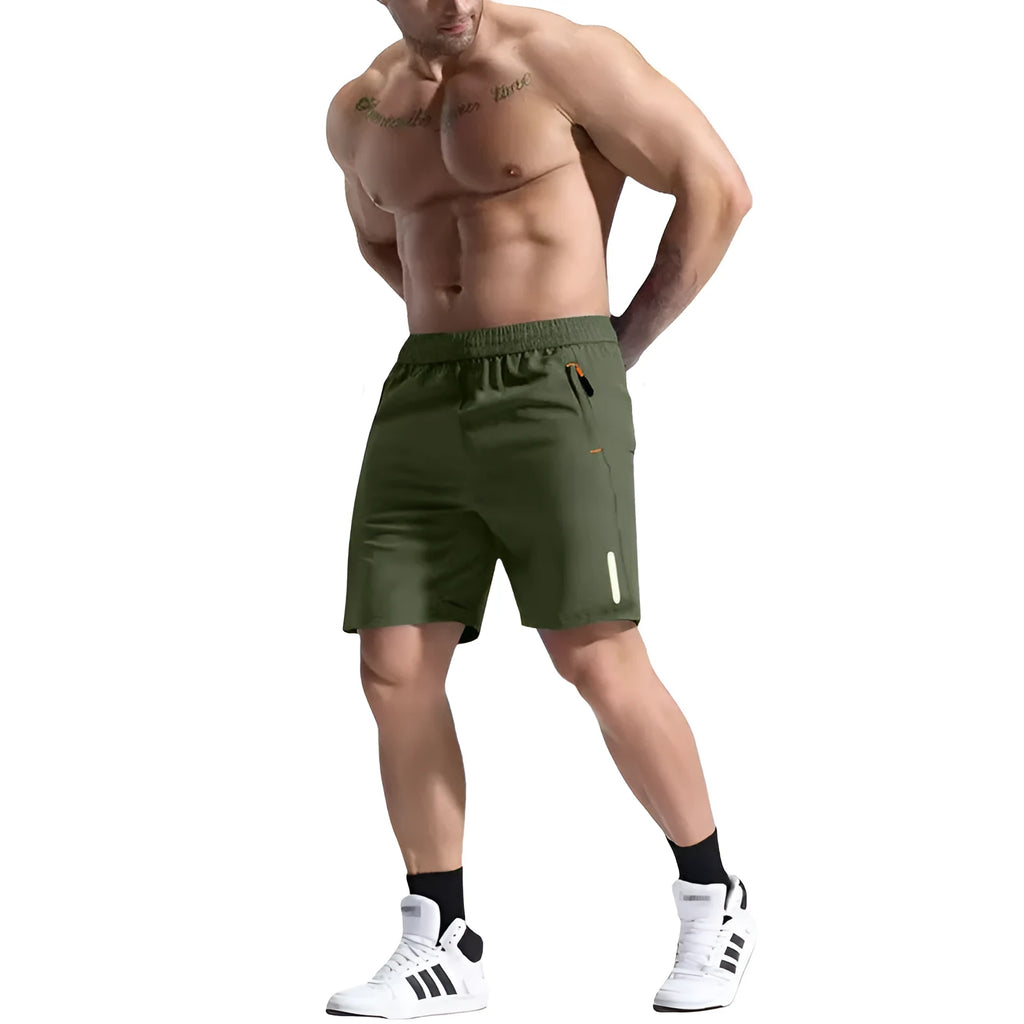 Men's grey elastic waist sports shorts made from bamboo and polyester fabric with a drawstring closure.