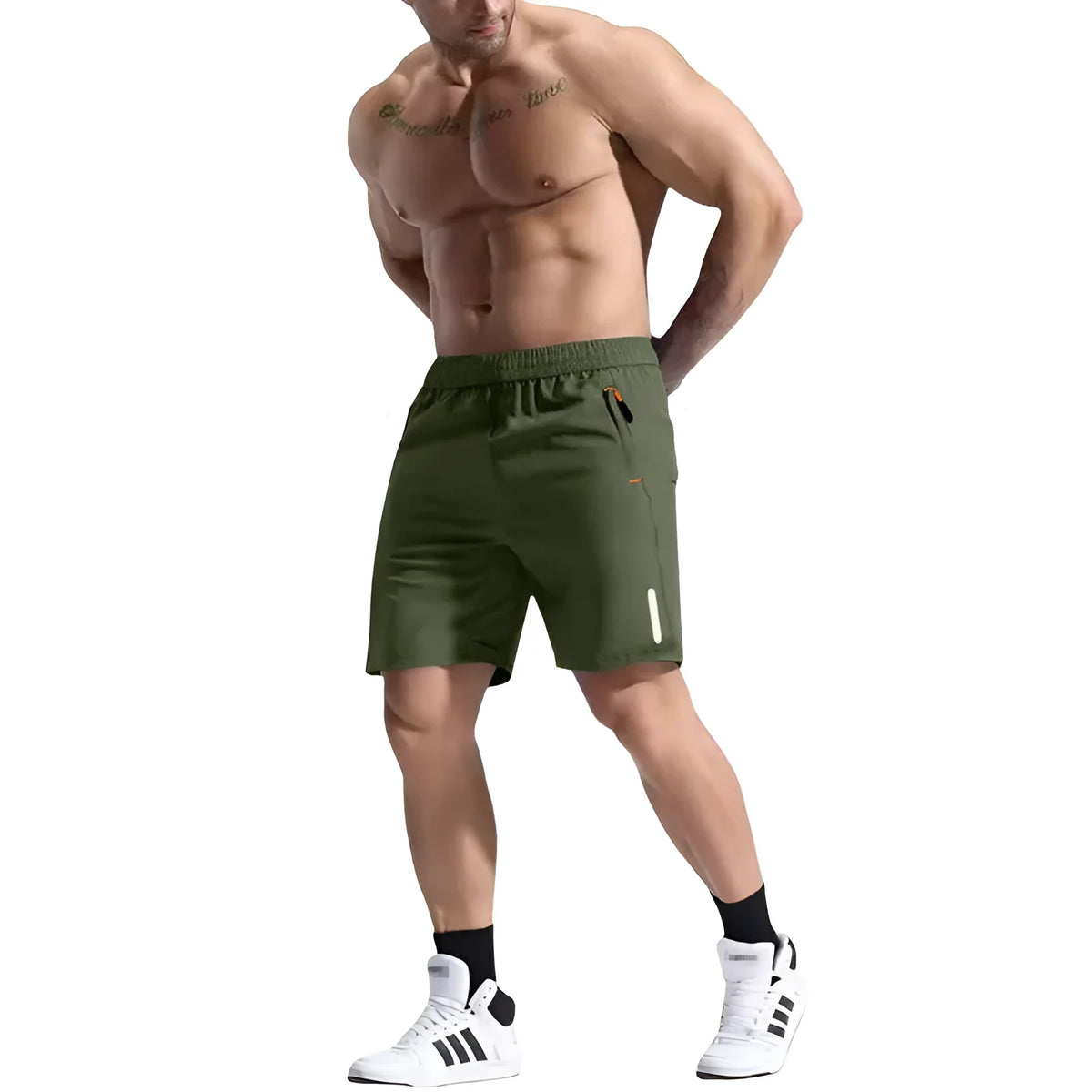 Men's grey elastic waist sports shorts made from bamboo and polyester fabric with a drawstring closure.