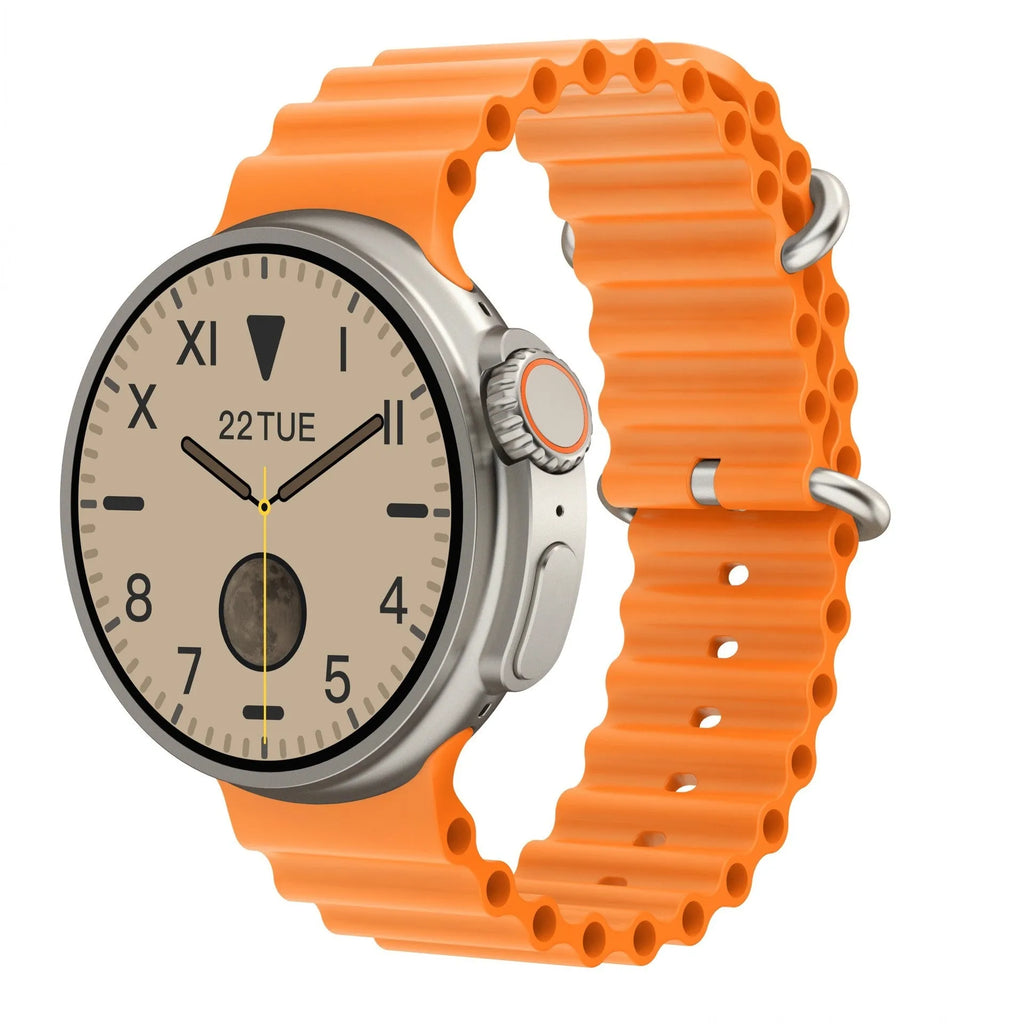 K9 Smart Watch with round screen on silicone strap, shown in black, orange, silver brown, or yellow.