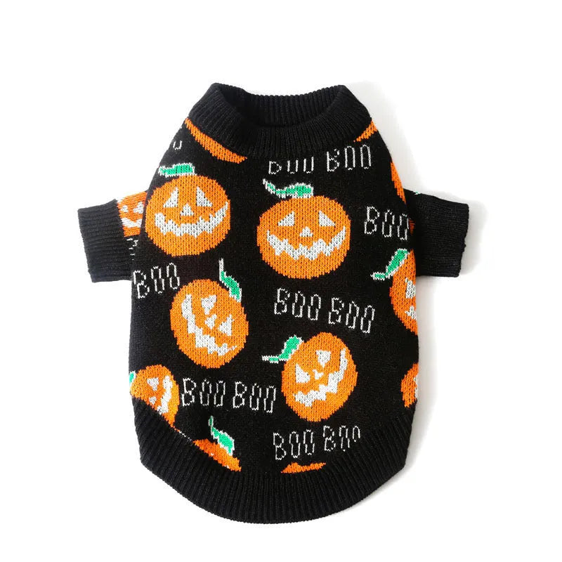 Black dog sweater with orange pumpkin pattern showing size options from S to XXL