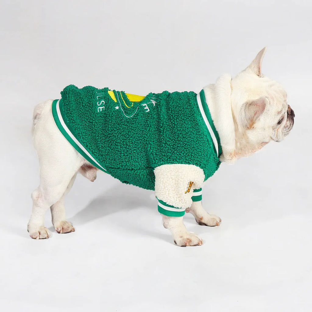 Green fleece-lined cotton dog winter jacket showing sizing options from L to 4XL