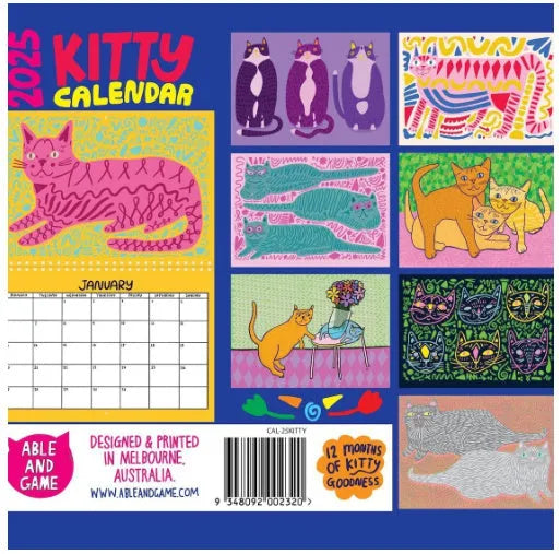 Cat-themed wall calendar for the 2024 or 2025 year on a single paper sheet.