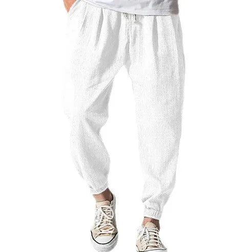 Men's loose cotton casual trousers with banded ankles in light green colour