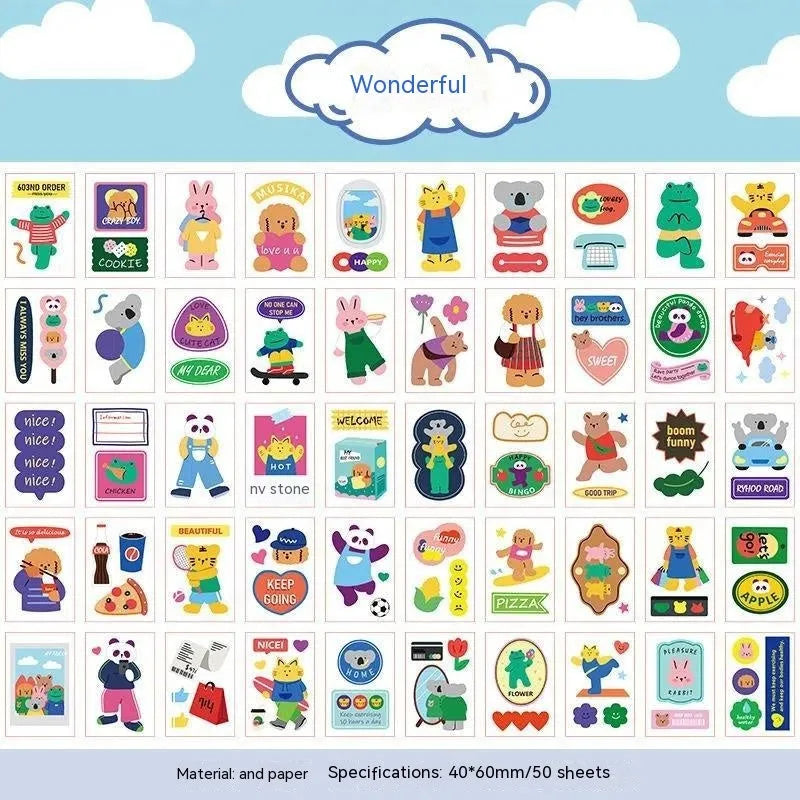 Sheet of 50 Japanese cartoon character stickers in a 40x60mm size for notebooks and screen protectors.