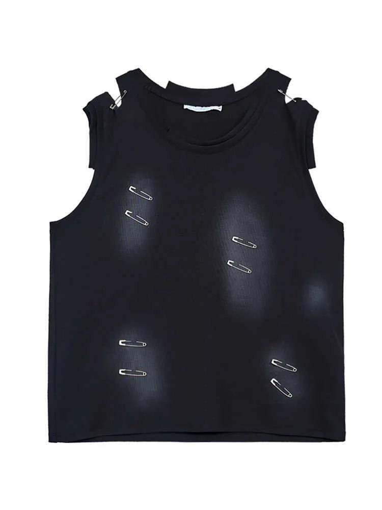 Men's black sleeveless t-shirt vest with irregular cutting and ripped detailing, round neck collar