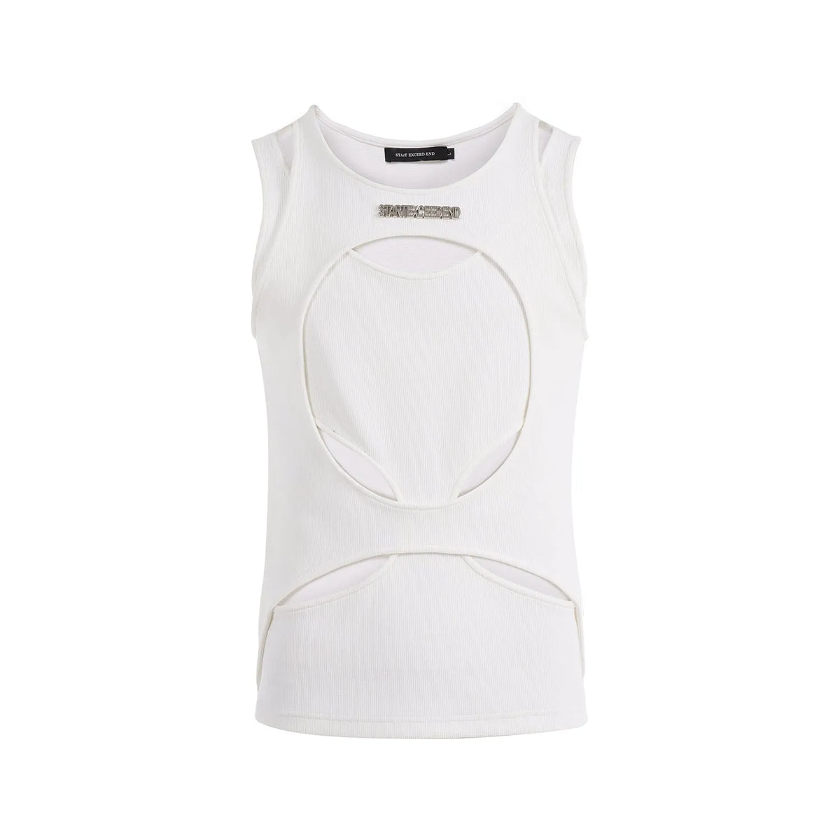 Men's loose fit sleeveless vest in black and white colours, showing round neck and pullover design