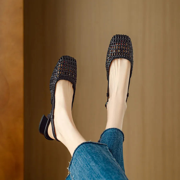 Women's beige woven closed toe sandals with a chunky 4cm heel and belt buckle fastening.