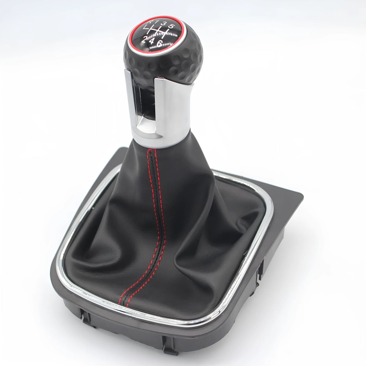 Leather gear shift knob and dust boot replacement part for Volkswagen Golf 5, 6, and 7 manual transmission.