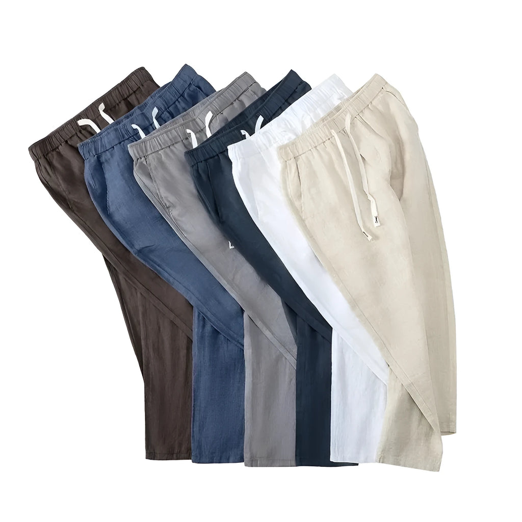 Pure linen Chinese style trousers with elastic waistband in straight leg cut available in multiple colours
