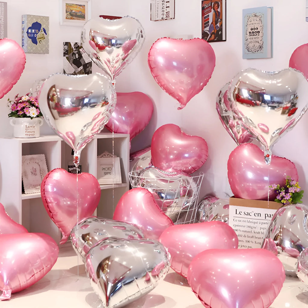 Five peach heart-shaped aluminum balloons with sparkling finish in assorted colours
