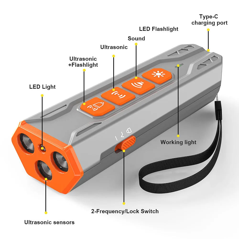 Three head ultrasonic dog trainer with security LED light in grey and orange colour scheme