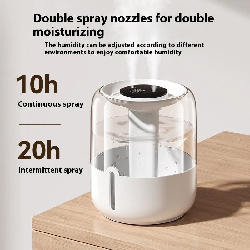 Beige circular USB humidifier with dual spray nozzles and humidity display