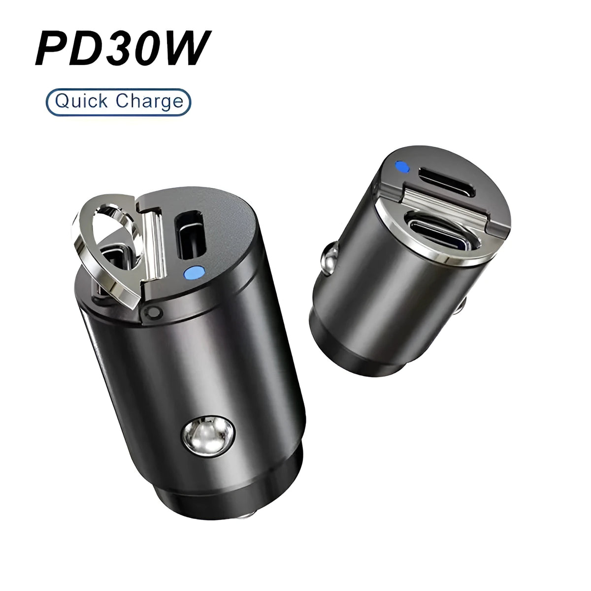 Black mini car charger with dual USB-C ports for 30W fast charging in vehicle power socket