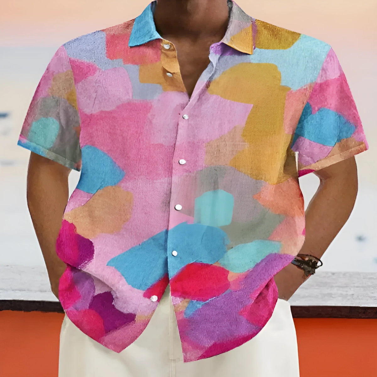 Hawaiian style cardigan with stand collar, short sleeves, and 3D printing design in shown colour