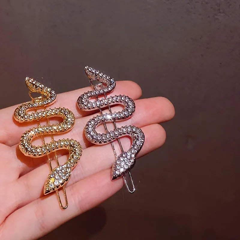 Korean vintage snake hair barrettes with rhinestone court styling in gold or silver electroplated finish