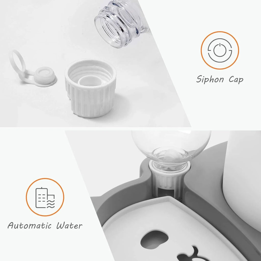 Grey and green panda-shaped automatic water dispenser and tilted pet food bowl set for cats and small dogs